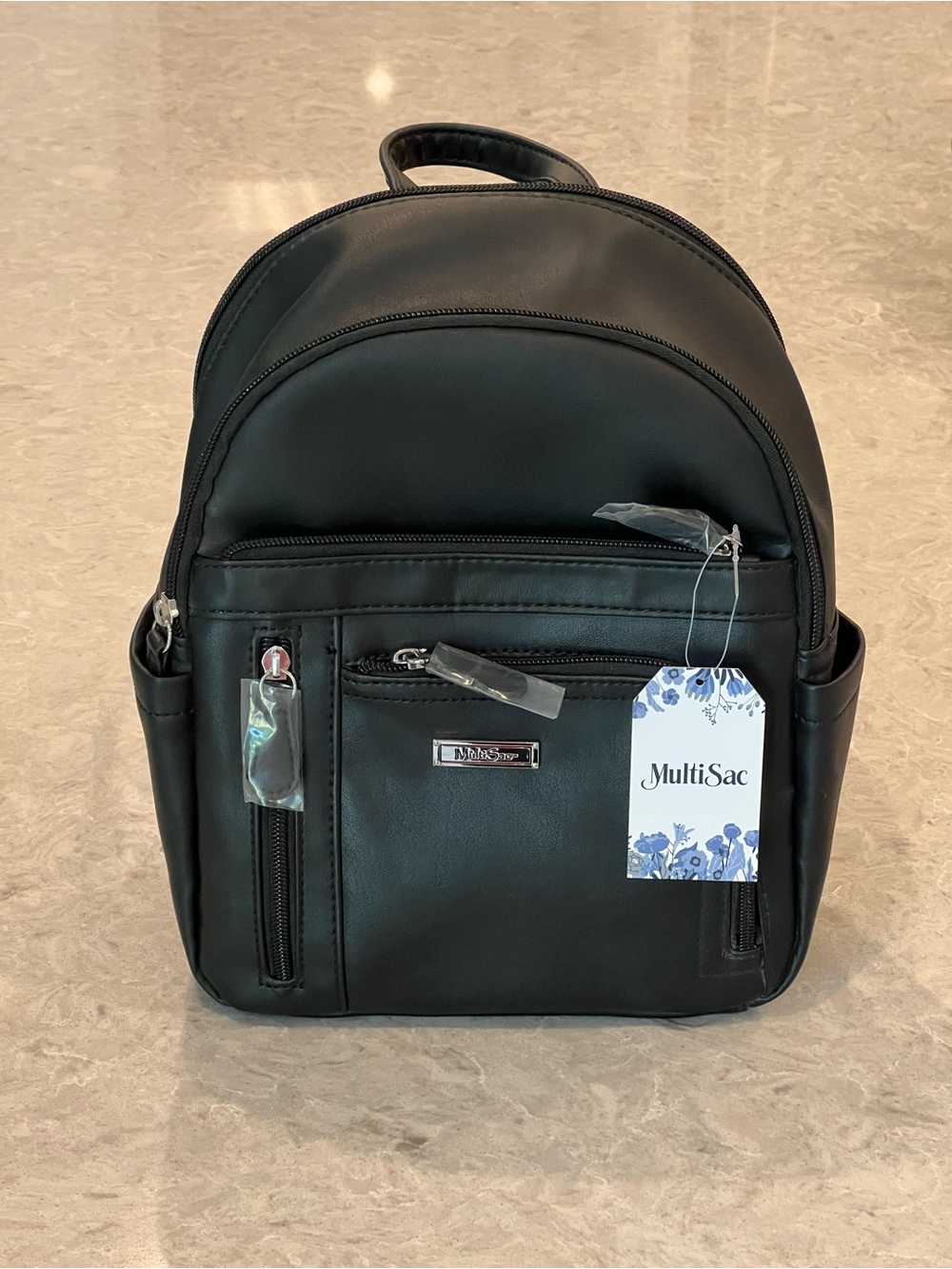 NWT MultiSac Black Faux Leather 12x9 Multi-Pocket Backpack Purse Bag